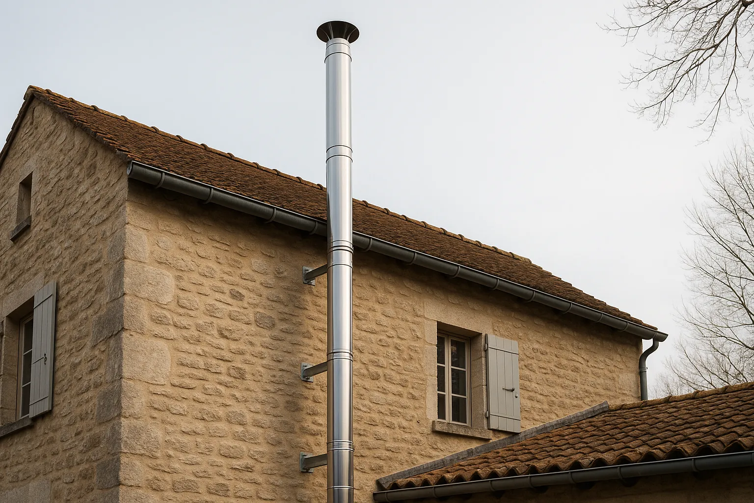 Conduit de fumée inox double paroi fixé en façade d'une maison, jusqu'au-dessus de la toiture