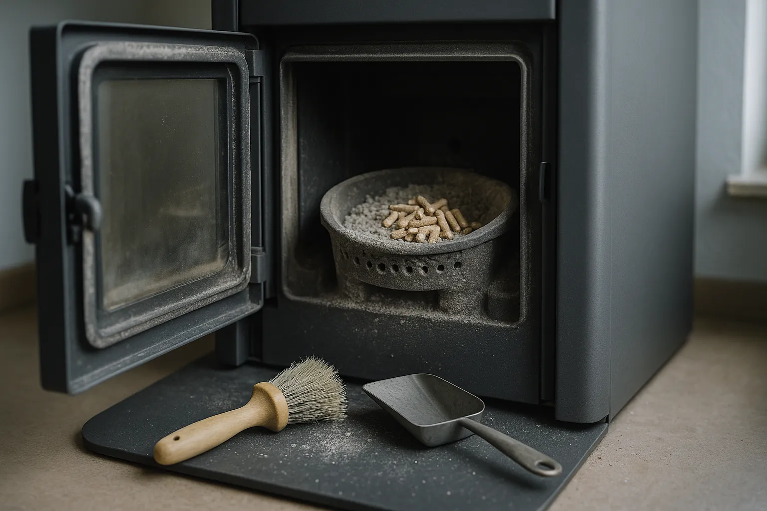 Creuset d'un poêle à granulés encrassé, porte ouverte, avec des granulés non brûlés
