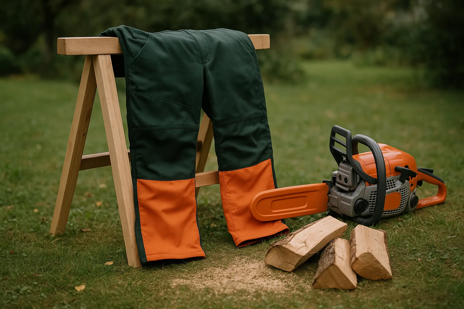 Pantalon de protection anti-coupure posé sur un chevalet de sciage à côté d'une tronçonneuse