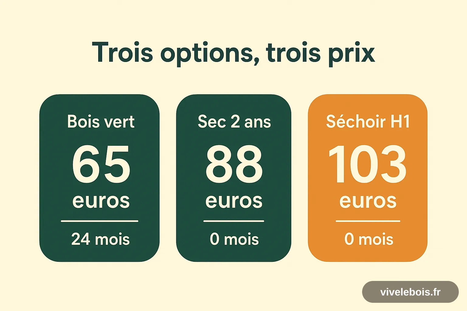 Comparaison des trois façons d'acheter son bois : vert à 65 euros et 24 mois d'attente, sec naturel à 88 euros, séchoir à 103 euros, disponibles tout de suite