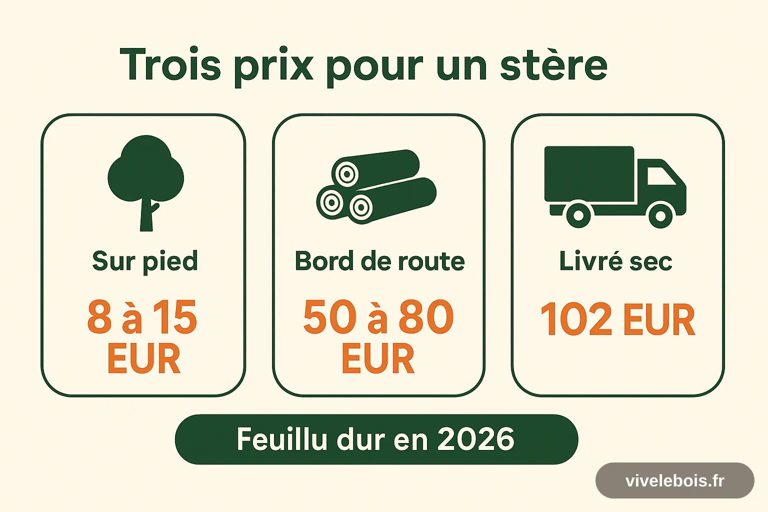 Comparaison des trois stades d'achat du bois de chauffage : sur pied 8 à 15 euros le stère, bord de route 50 à 80 euros, livré sec environ 102 euros