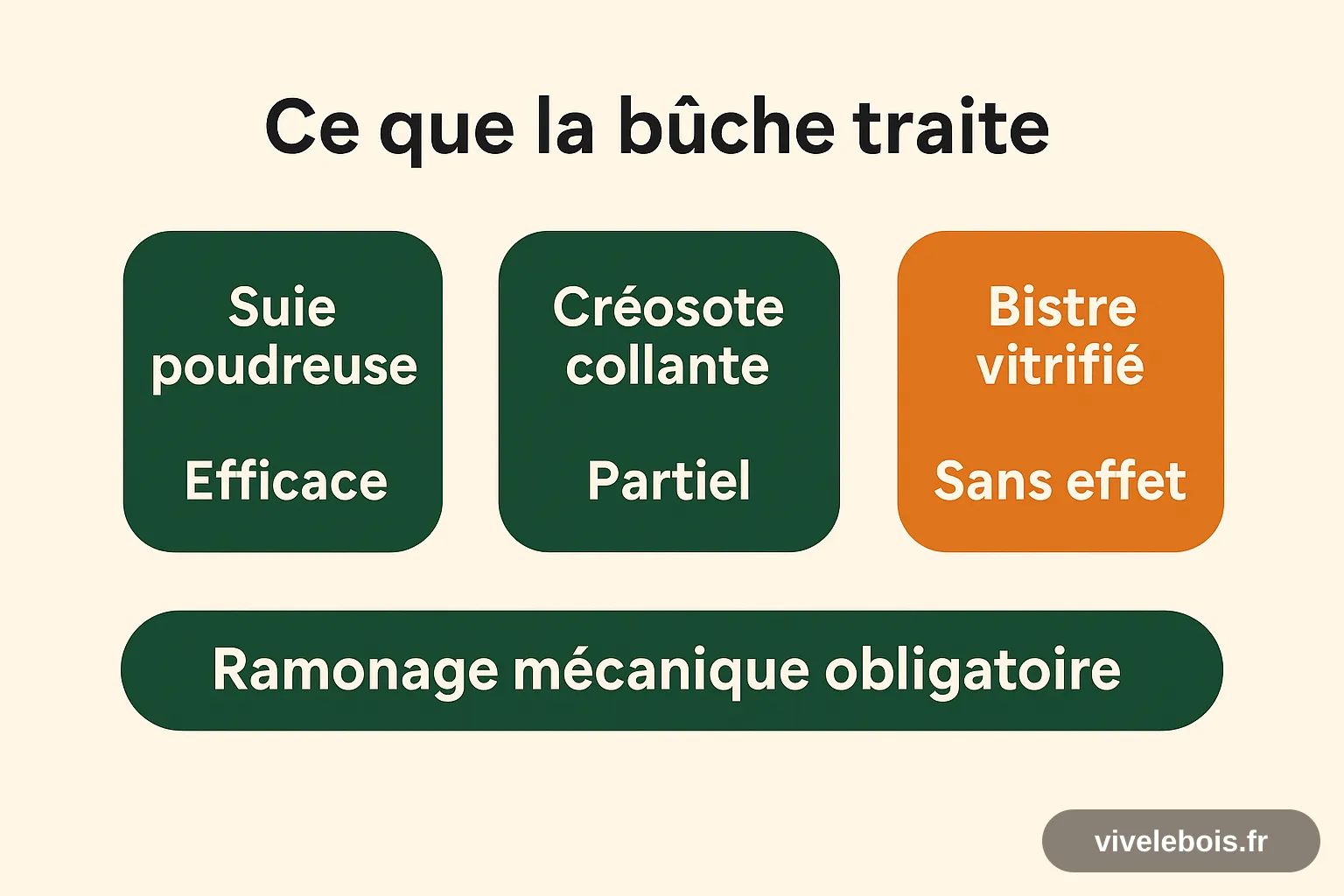 Schéma : la bûche de ramonage est efficace sur la suie poudreuse, partielle sur la créosote collante, sans effet sur le bistre vitrifié