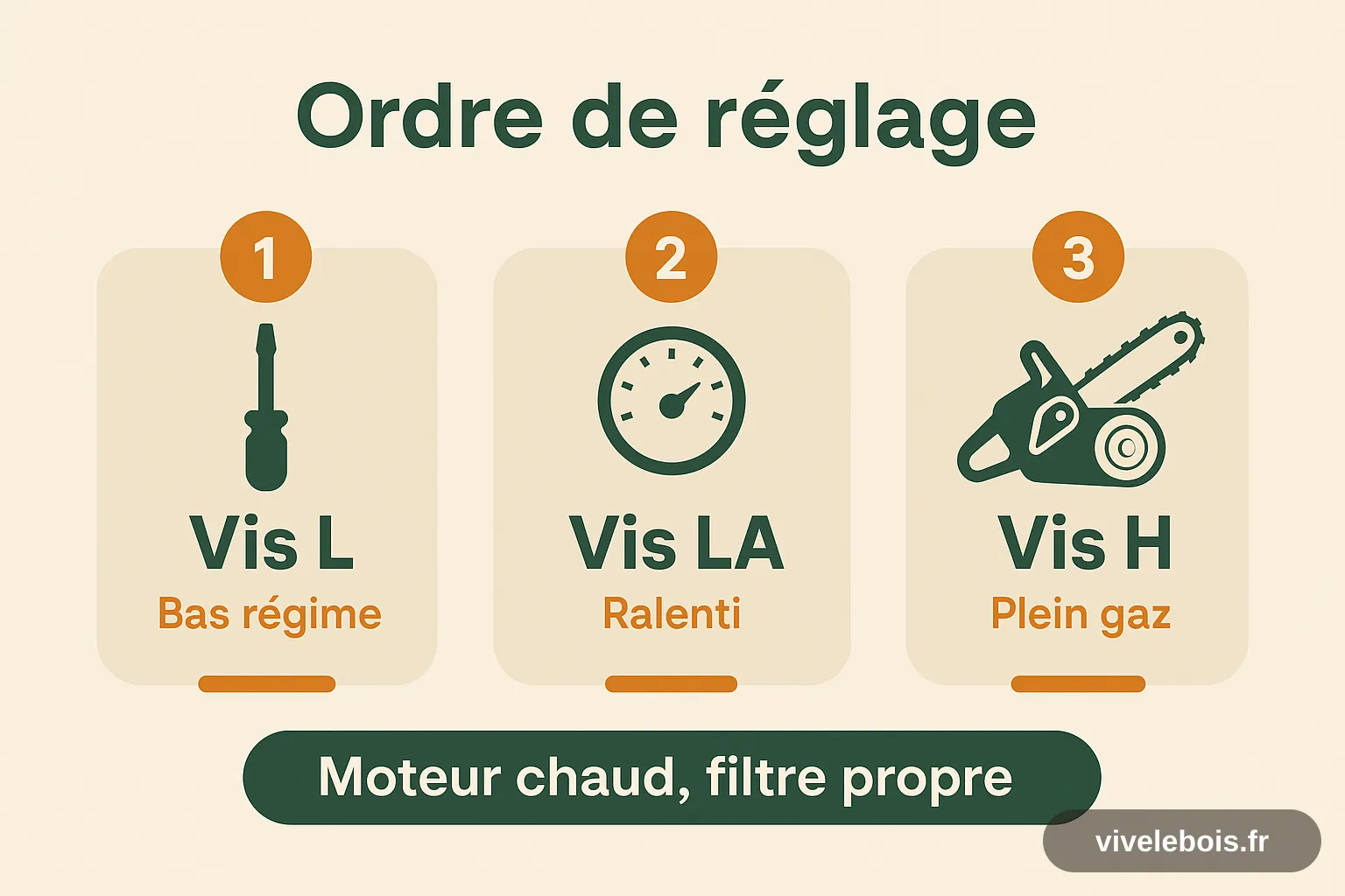 Ordre de réglage des trois vis du carburateur d'une tronçonneuse : vis L pour le bas régime, vis LA pour le ralenti, vis H pour le plein gaz, moteur chaud et filtre propre