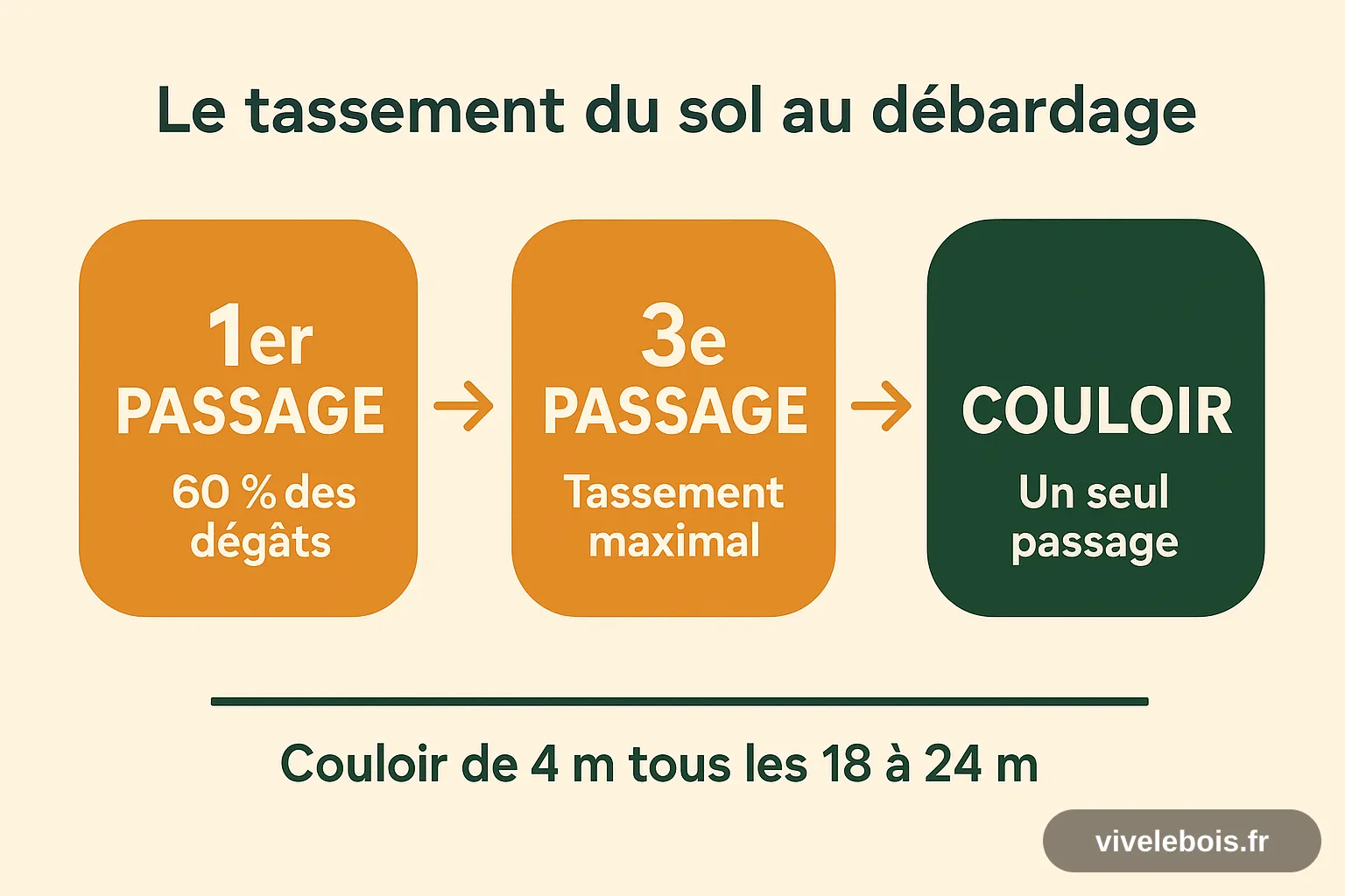 Schéma du tassement au débardage : 60 % des dégâts au premier passage, tassement maximal au troisième, circulation canalisée dans un couloir de 4 mètres