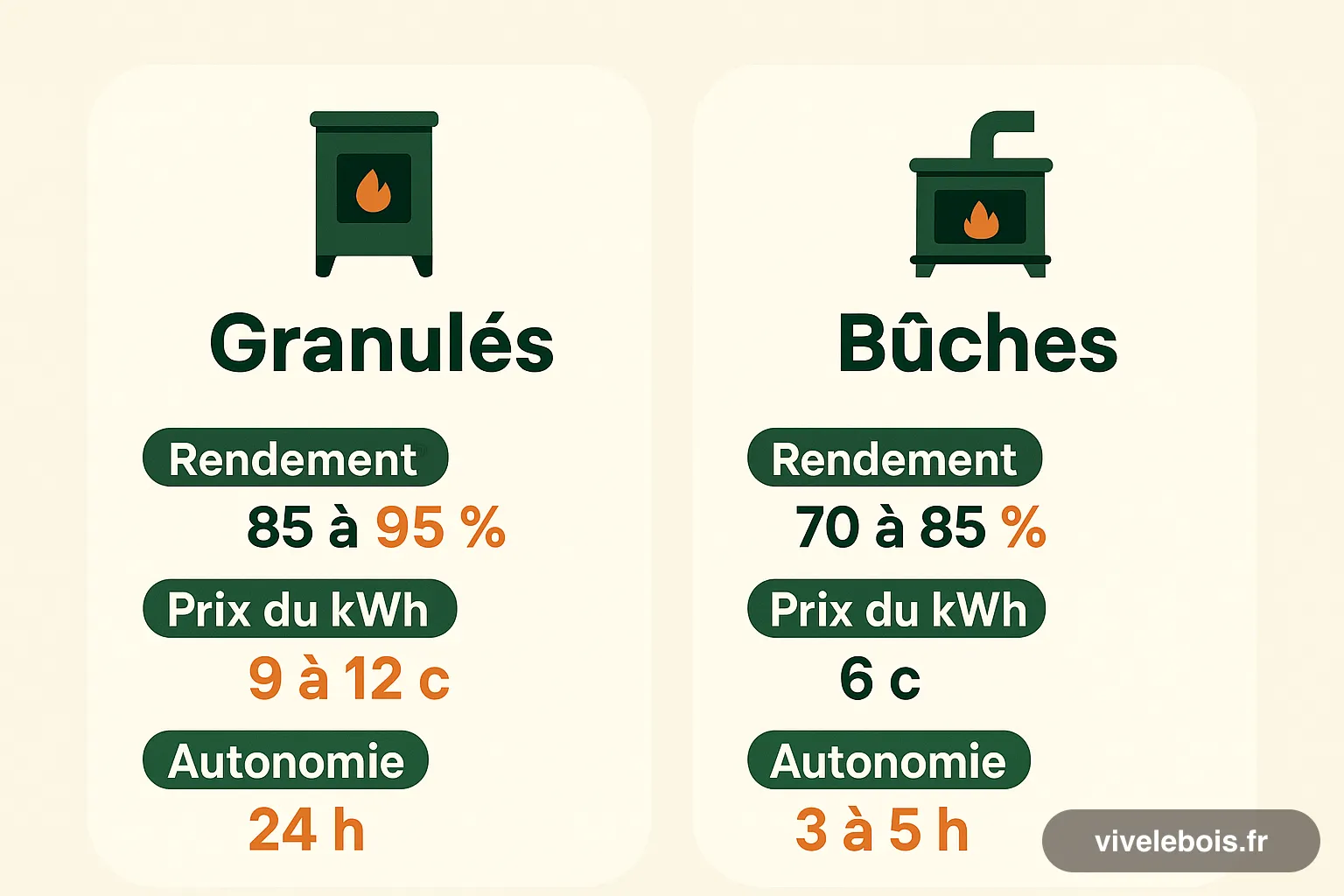 Schéma comparatif granulés ou bûches : rendement, prix du kWh et autonomie