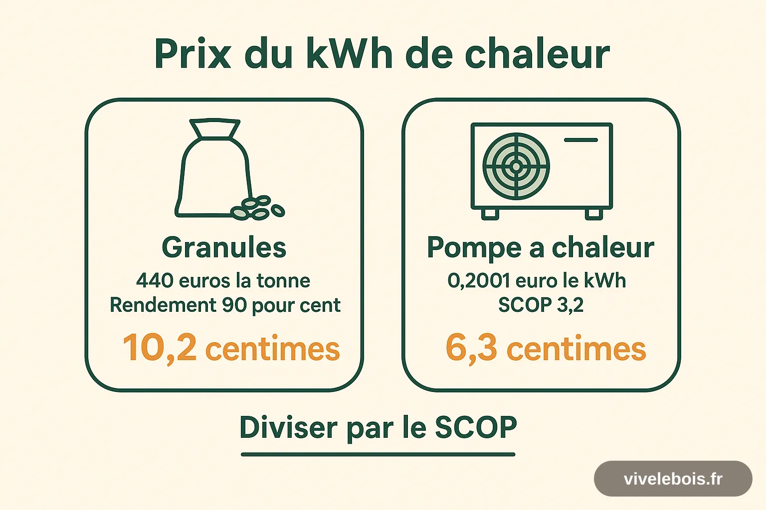 Comparaison du prix du kWh de chaleur : granulés à 10,2 centimes contre pompe à chaleur à 6,3 centimes