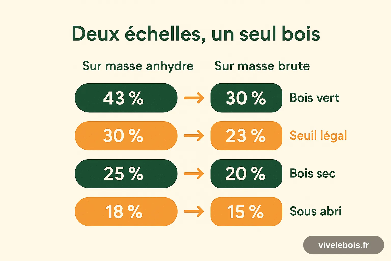 Correspondance entre l'humidité du bois sur masse anhydre et sur masse brute, de 43 % à 18 %, avec le seuil réglementaire de 23 %