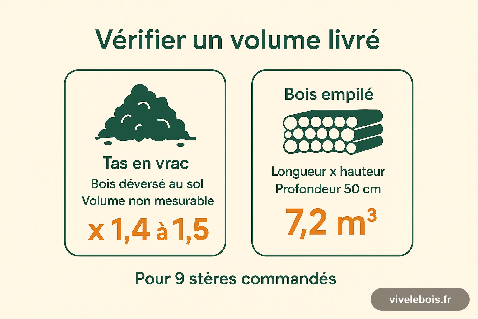 Schéma comparant un tas de bois en vrac, dont le volume est multiplié par 1,4 à 1,5 et non vérifiable, et le même bois empilé occupant 7,2 mètres cubes apparents pour 9 stères en 50 cm