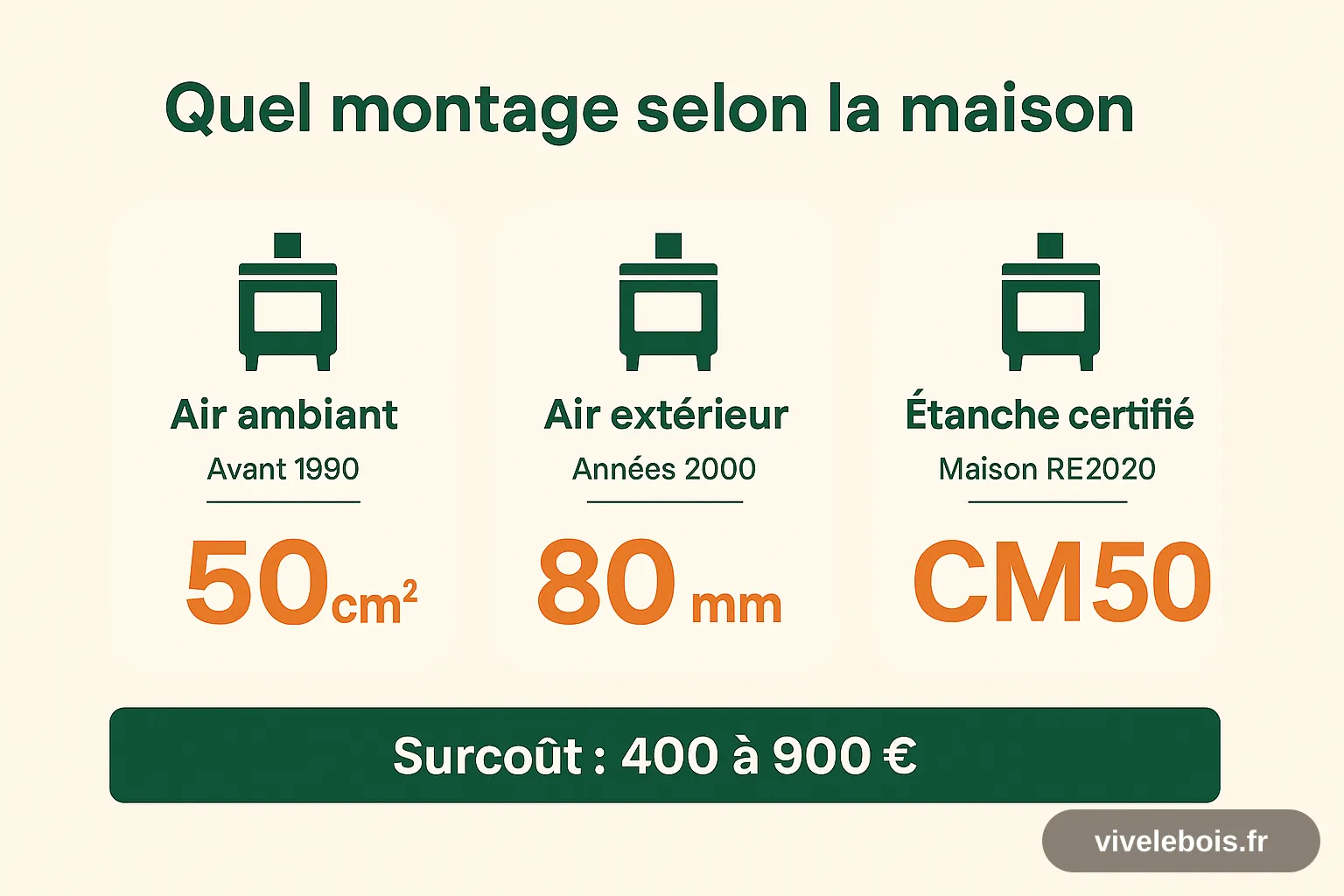 Schéma comparant les trois montages de poêle : air ambiant avec grille de 50 cm² pour les maisons d'avant 1990, raccordement sur air extérieur pour les maisons des années 2000, et appareil étanche certifié classe CM50 pour les maisons RE2020