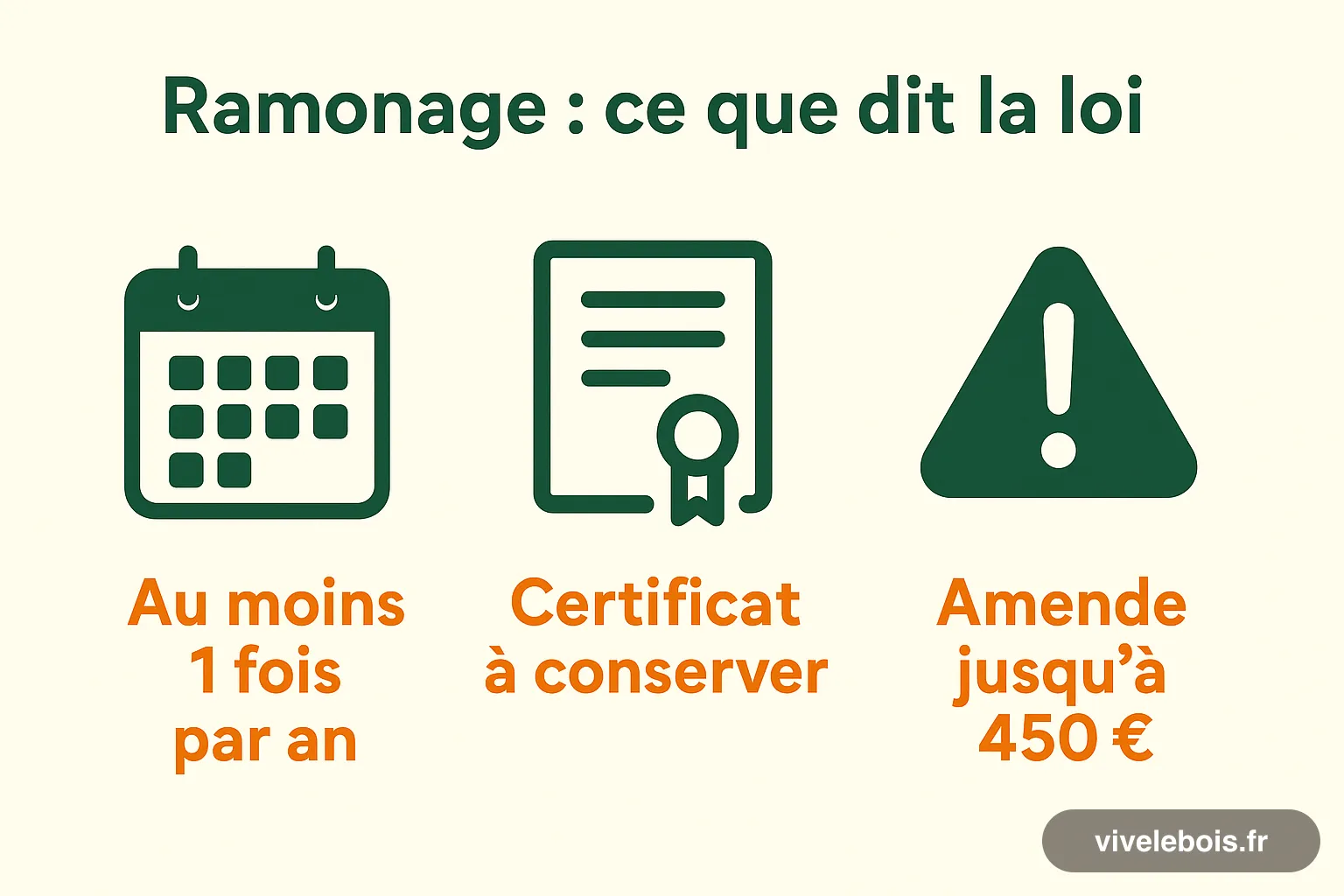 Schéma : les trois obligations du ramonage, au moins une fois par an, certificat à conserver, amende jusqu'à 450 €