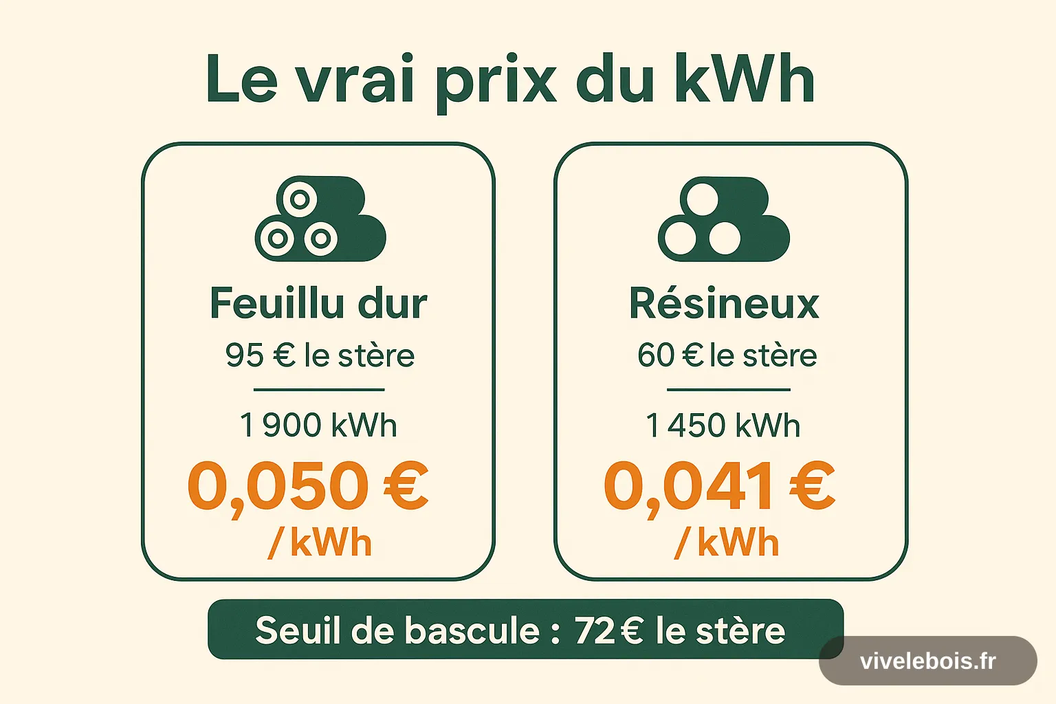 Schéma comparatif du coût du kWh : feuillu dur à 95 € le stère pour 1 900 kWh soit 0,050 € le kWh, résineux à 60 € le stère pour 1 450 kWh soit 0,041 € le kWh, seuil de bascule à 72 € le stère