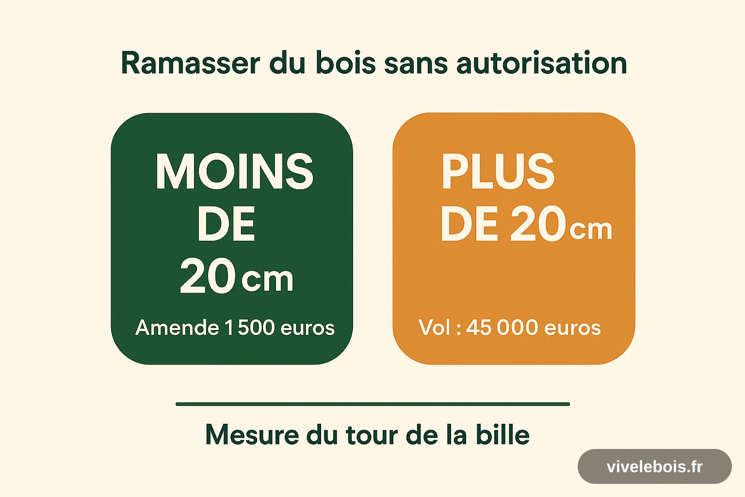 Seuil des 20 centimètres de tour : en dessous, contravention de 5e classe jusqu'à 1 500 € ; au-dessus, vol puni de 45 000 € d'amende