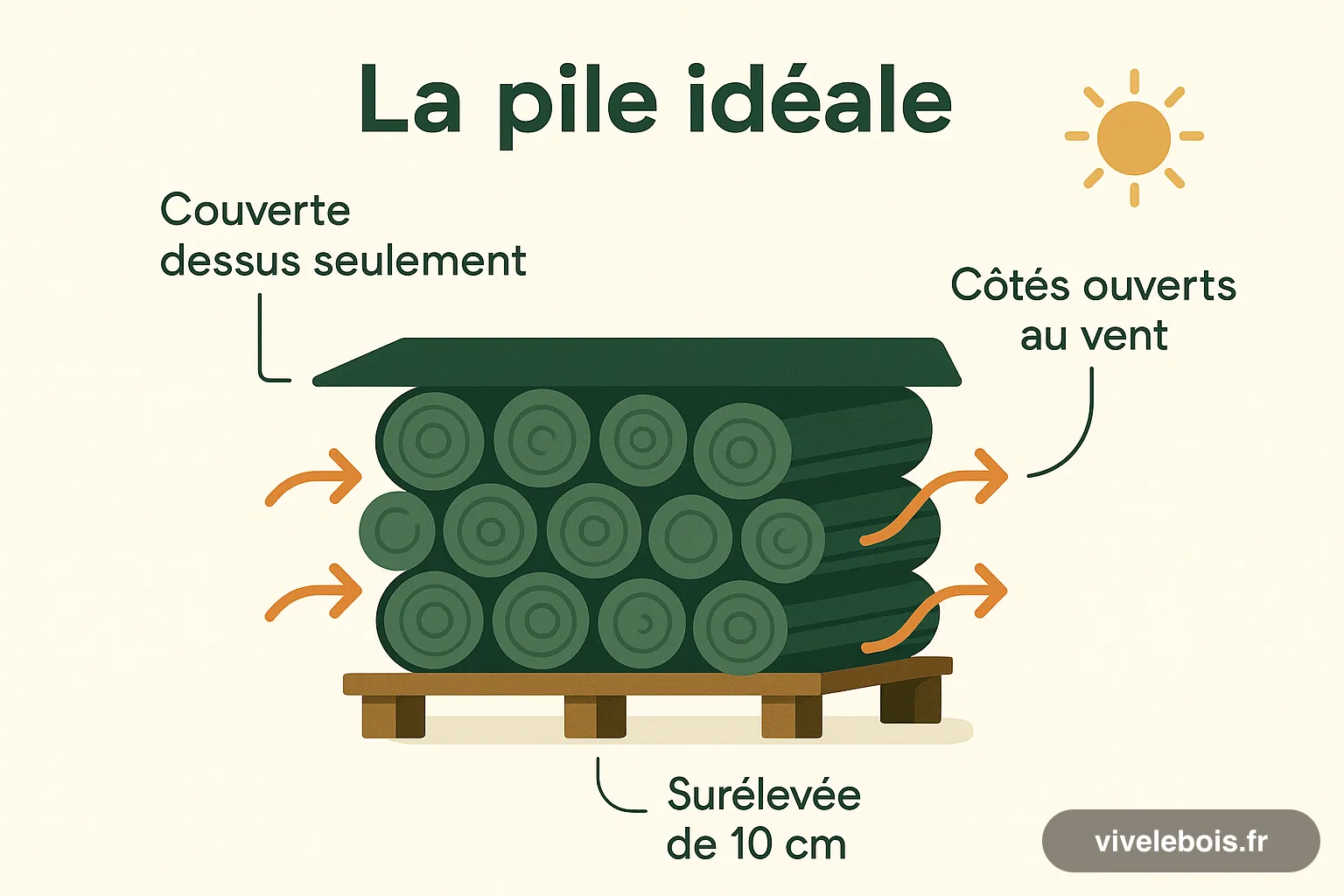 Schéma : la pile de bois idéale, surélevée de 10 cm, couverte dessus seulement, côtés ouverts au vent