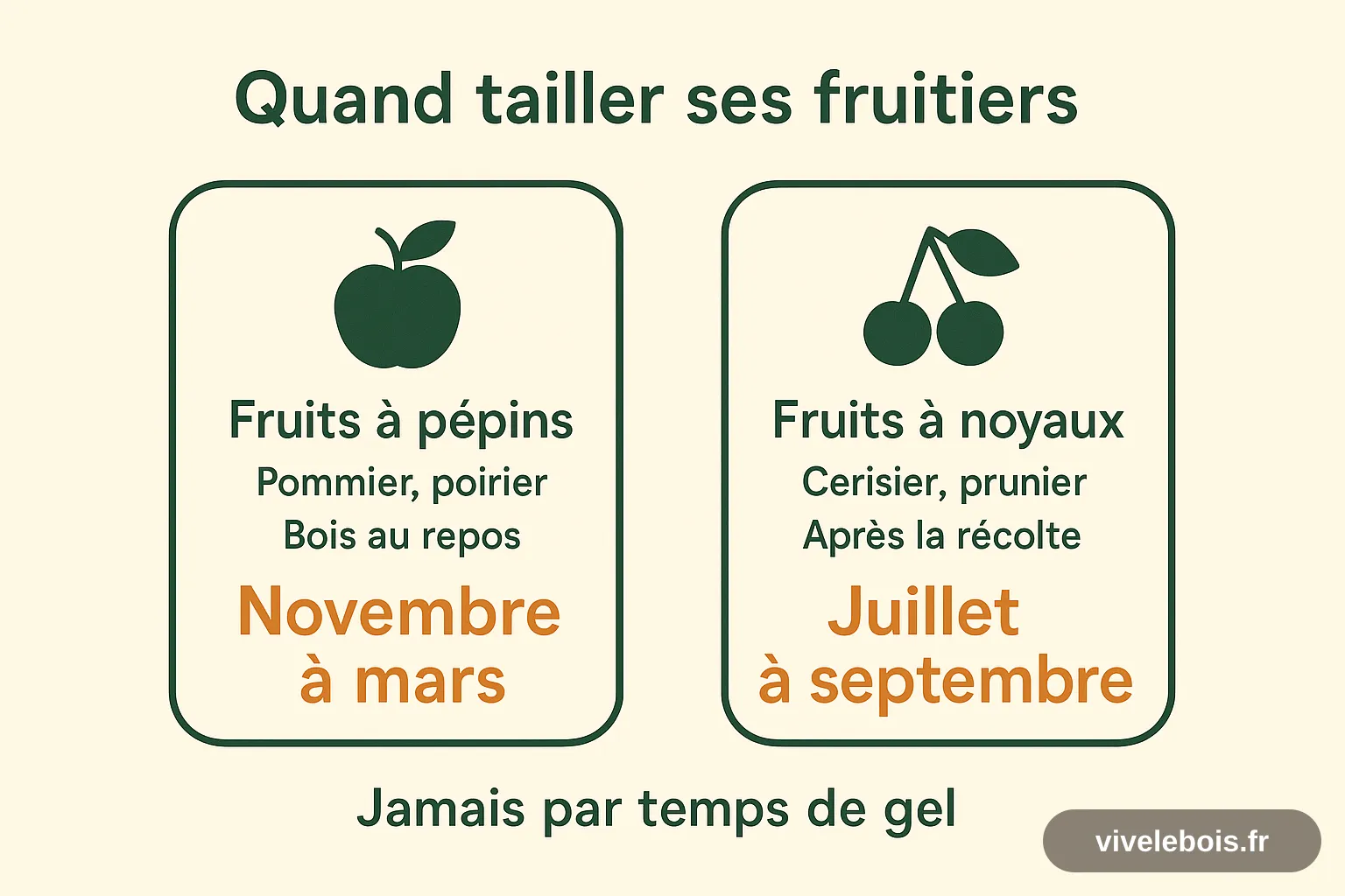 Les fruitiers à pépins comme le pommier et le poirier se taillent de novembre à mars hors gel, les fruitiers à noyaux comme le cerisier et le prunier de juillet à septembre après la récolte