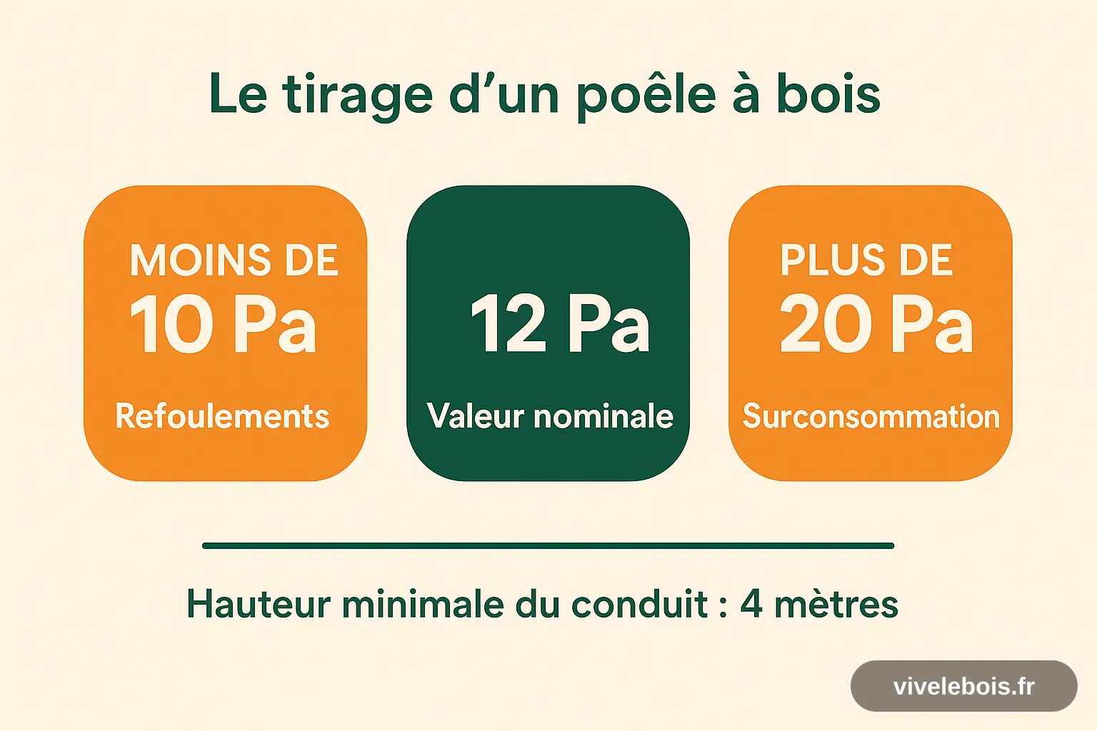Trois plages de tirage d'un poêle à bois : moins de 10 Pa refoulements, 12 Pa nominal, plus de 20 Pa surconsommation