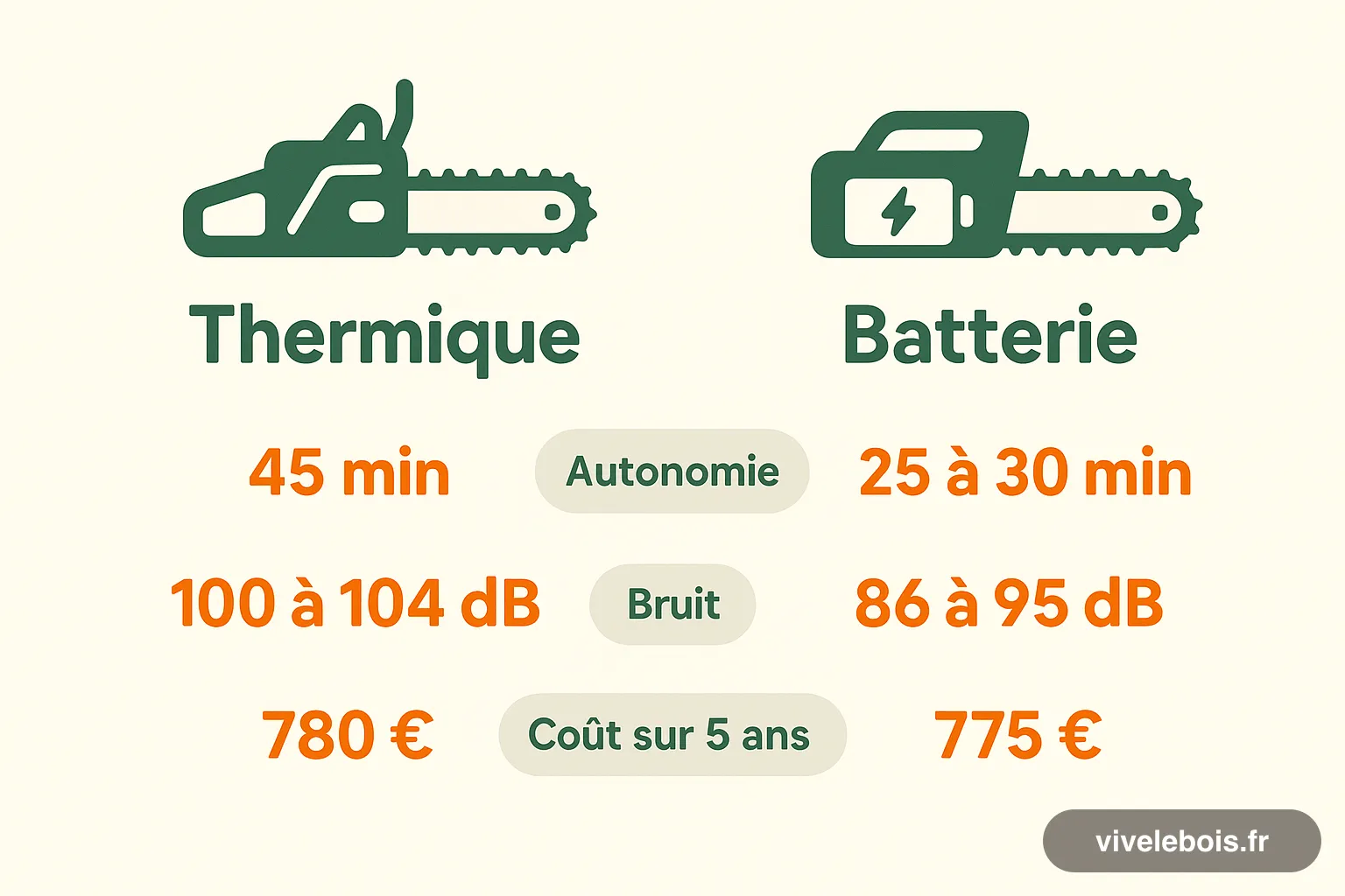 Schéma comparatif tronçonneuse thermique ou batterie : autonomie, bruit et coût sur cinq ans